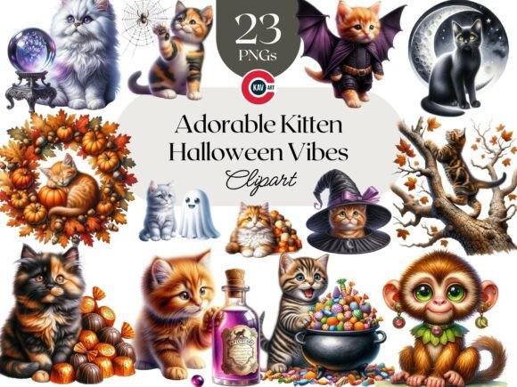 Download Cute Autumn and Halloween Kitten Clipart - Halloween Collection