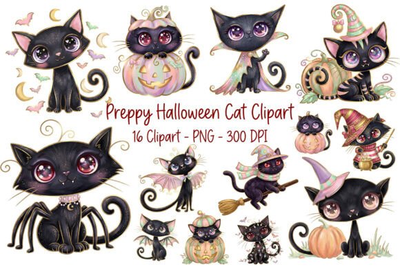 Download Preppy Halloween Cat Clipart PNG Set - Halloween Collection