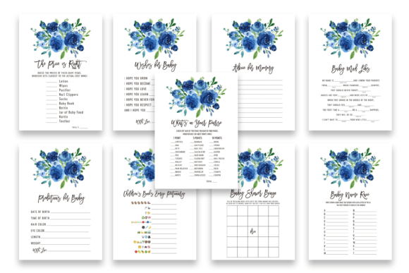 Download Blue Flowers Baby Shower Games - Premium Bundle